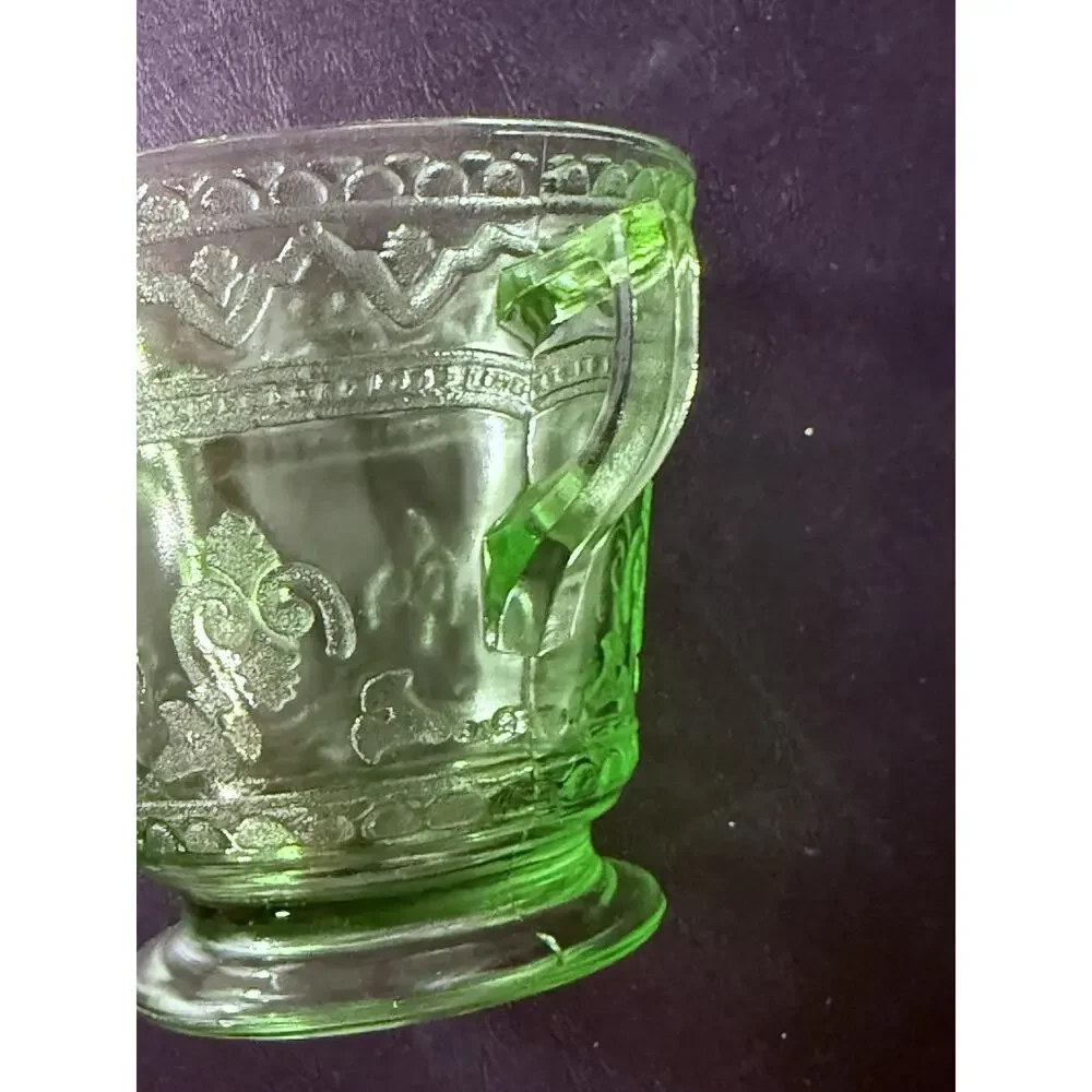Vintage Green Vaseline Uranium Glass Depression Glass Sugar Bowl Cubist Pattern